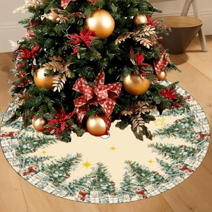 Jupe de sapin de Noël beige avec motifs de lapin et d'étoiles sur parquet