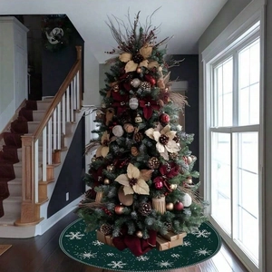 Green Christmas Tree Skirt Round Polyester Snowflake Pattern Holiday Decor Carpet Floor Mat Xmas Indoor Outdoor Ornament