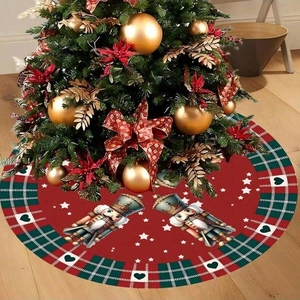 Christmas tree skirt with nutcracker soldiers and red plaid edge on wooden floor