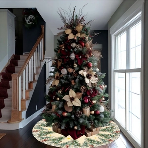 Jupe de sapin de Noël ronde beige avec imprimé sapin et étoiles pour décoration festive