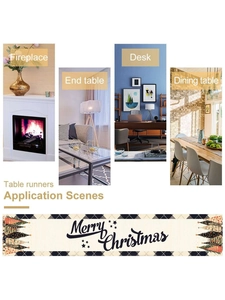 Multiple scenes showing Merry Christmas table runner with colorful patchwork trees