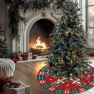 Christmas tree skirt with nutcracker soldiers and red-green plaid edges for festive decor