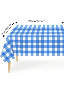 Blue and white checkered rectangular tablecloth showing dimensions of 274cm x 137cm