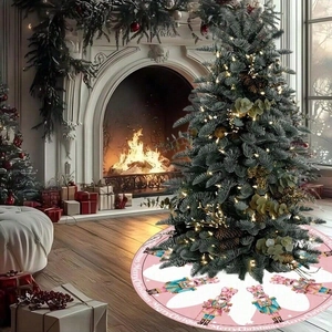 Pink Christmas tree skirt with Nutcracker and floral pattern for holiday home decoration