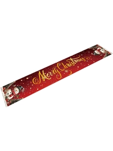 Detail of red Christmas table runner with golden Merry Christmas text and snowman illustration