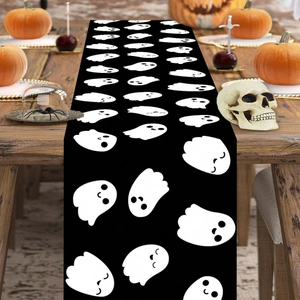 Black table runner with cute white ghosts for Halloween and Christmas holiday decor