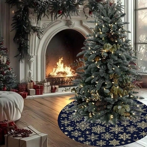 Navy blue Christmas tree skirt with gold snowflake patterns for festive holiday floor decor