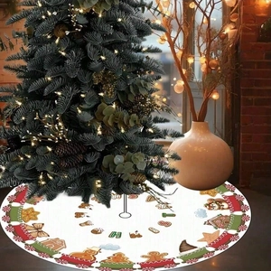 White Christmas tree skirt with festive gingerbread man and red train holiday patterns