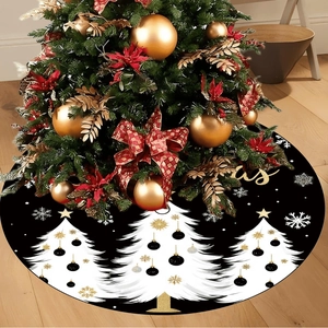 Runde Weihnachtsbaumdecke Polyester Baummatte Schwarz Gold Schneeflockenmuster Feiertagsdekoration Festliche Partyartikel
