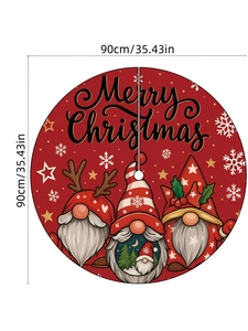 Flat lay detail showing 90cm diameter of the red gnome Merry Christmas tree skirt