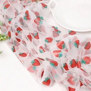 White tulle fabric with red glitter strawberry prints for DIY tablecloth and party decor