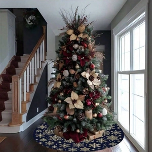 Dark blue round Christmas tree skirt with elegant gold and white snowflake patterns