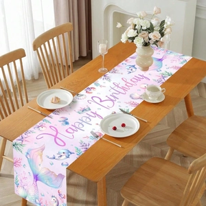 Mermaid happy birthday table runner with colorful fish tail and shell patterns for parties