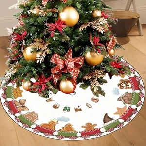 Christmas tree skirt with gingerbread and train patterns on white round carpet floor mat