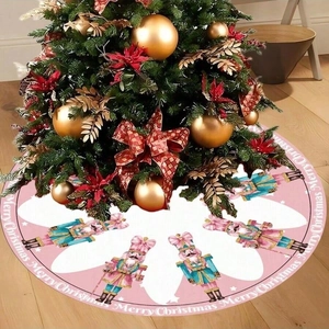 Pink nutcracker Christmas tree skirt with Merry Christmas pattern on wooden floor