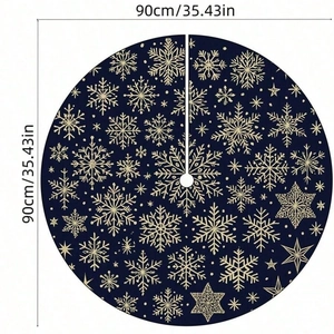 Detail of navy blue Christmas tree skirt with golden snowflake and star patterns