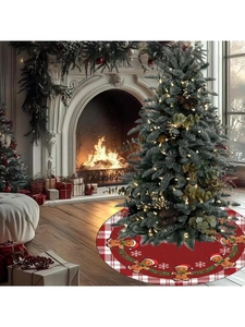 Detail of red plaid Christmas tree skirt with gingerbread man and snowflake patterns