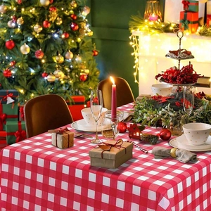 Red and white gingham tablecloth for festive Christmas dining table decoration
