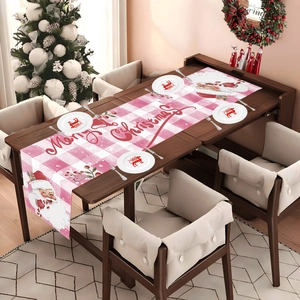 Pink Plaid Christmas Table Runner Santa Claus Candy Cane Pattern Polyester Festive Tablecloth For Xmas Party Home Decor
