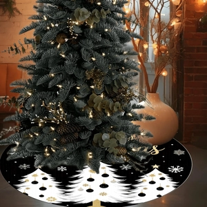 Eleganter schwarz-goldener Weihnachtsbaumrock mit weißen Baumsilhouetten und Schneeflocken