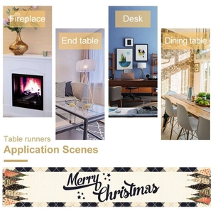 Cream Christmas table runner with black Merry Christmas lettering and plaid edges