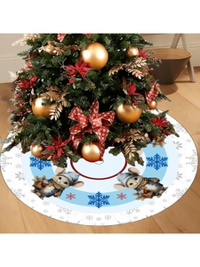 Detail of round Christmas tree skirt with blue snowflake and cartoon mouse printing