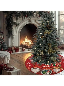 Detail of red Christmas tree skirt featuring festive gnome illustrations and white snowflakes