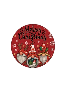 Detail of red Christmas tree skirt with Merry Christmas text and three holiday gnomes