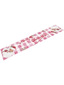 Detail of pink plaid Christmas table runner featuring Santa Claus and Merry Christmas text
