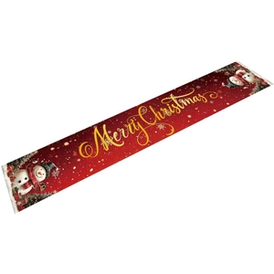 Festive red Christmas table runner with snowman patterns and golden Merry Christmas text
