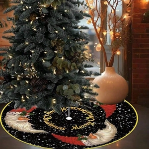Black Christmas Tree Skirt With Santa Claus Pattern Gold Merry Christmas Lettering Round Polyester Holiday Party Ornament