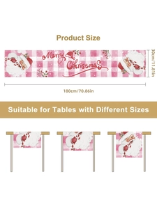 Detailed size chart for pink Santa Claus table runner measuring 180cm by 30cm