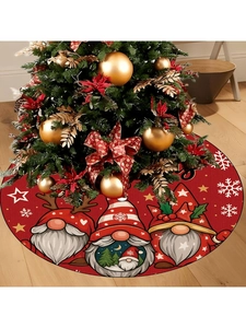 Christmas tree skirt with gnomes and snowflakes on red fabric over wood floor