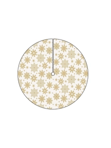 Detailed close-up of white Christmas tree skirt with elegant golden snowflake patterns