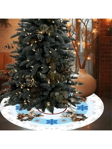 Close-up of circular blue snowflake and cartoon mouse prints on soft white Christmas tree skirt