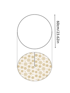 Detail showing white Christmas tree skirt with golden snowflake patterns and 60cm size info