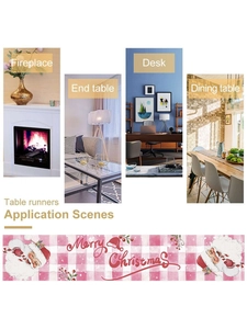 Christmas table runner with pink plaid and Santa Claus shown in four home decor scenes