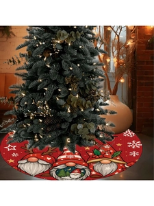 Detail of red Christmas tree skirt showing three festive gnomes and white snowflake patterns