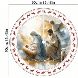 Christmas tree skirt with Nativity scene illustration and reindeer pattern, 90cm diameter