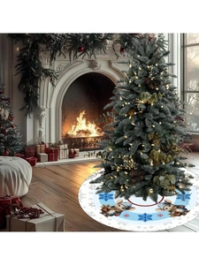 Close-up of blue Christmas tree skirt featuring cartoon mice and snowflake prints
