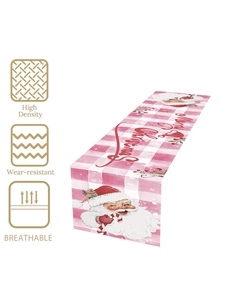 Pink plaid Christmas table runner with Santa Claus, candy cane, and holly berry details