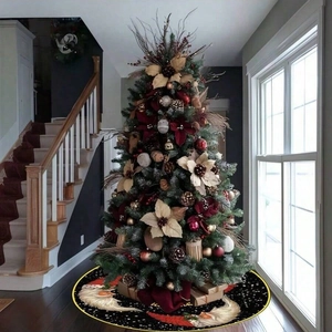 Black round Christmas tree skirt with Santa Claus design and yellow trim detail