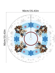 Detail of round Christmas tree skirt showing 90cm diameter size and blue snowflake mouse print