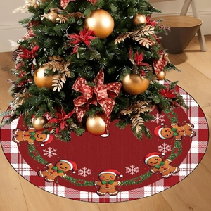 Round Christmas Tree Skirt Red Plaid Border Gingerbread Man Snowflake Pattern Holiday Decor Festive Atmosphere Tree Mat