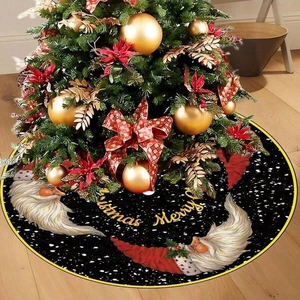 Black Christmas tree skirt with Santa Claus pattern and gold Merry Christmas text