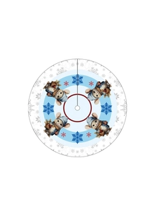 Detailed pattern of cartoon mice and snowflakes on a blue round Christmas tree skirt