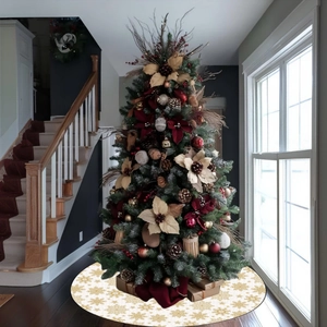 Polyester Round Christmas Tree Skirt With Gold Snowflake Patterns White Base For Festive Holiday Indoor Home Decoration