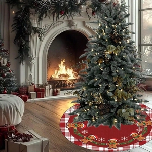 Red Christmas tree skirt with gingerbread man patterns and red plaid border decor