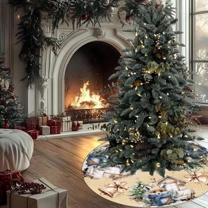 Christmas tree skirt with cute fox and bells pattern on beige fabric for holiday decor