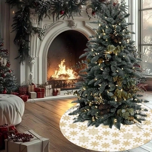 White Christmas tree skirt with golden snowflakes in a cozy indoor fireplace setting